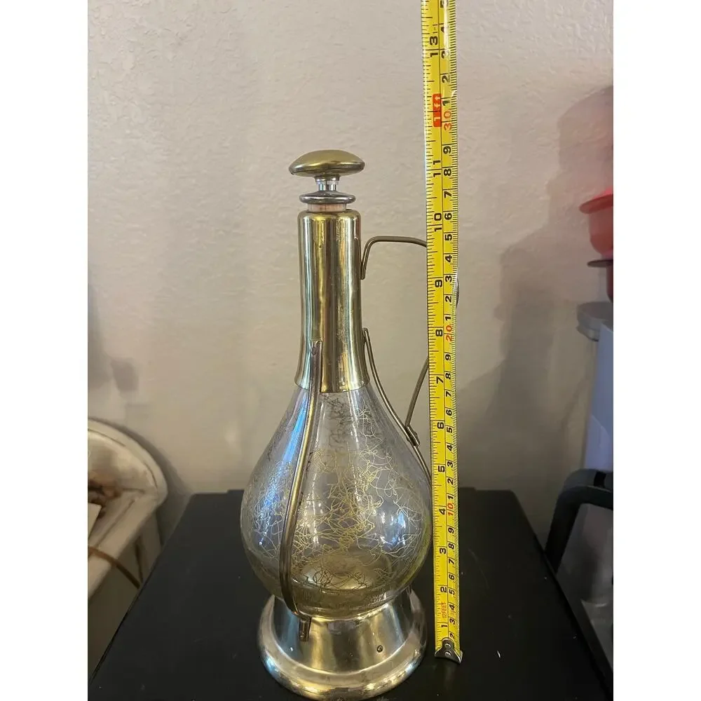 Vintage Japan Musical Glass & Brass Decanter Crackle Glass MCM Style Barware 11